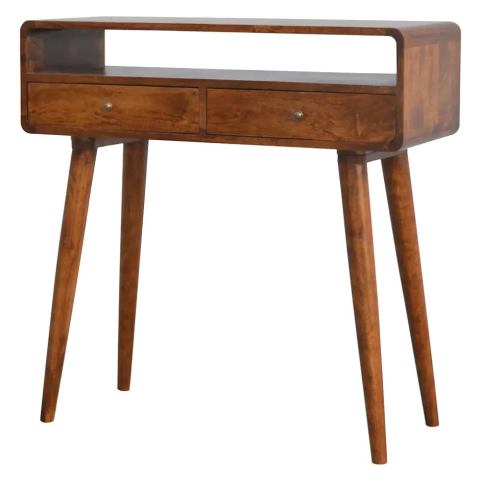 Artisan Furniture Bois massif courbé châtaignier console, 2 tiroirs, 1 niche ouverte, marron foncé