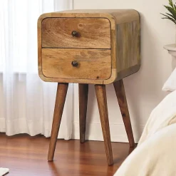 Artisan Furniture Bois massif Mini effet chêne courbé table de chevet, 2 tiroirs, beige