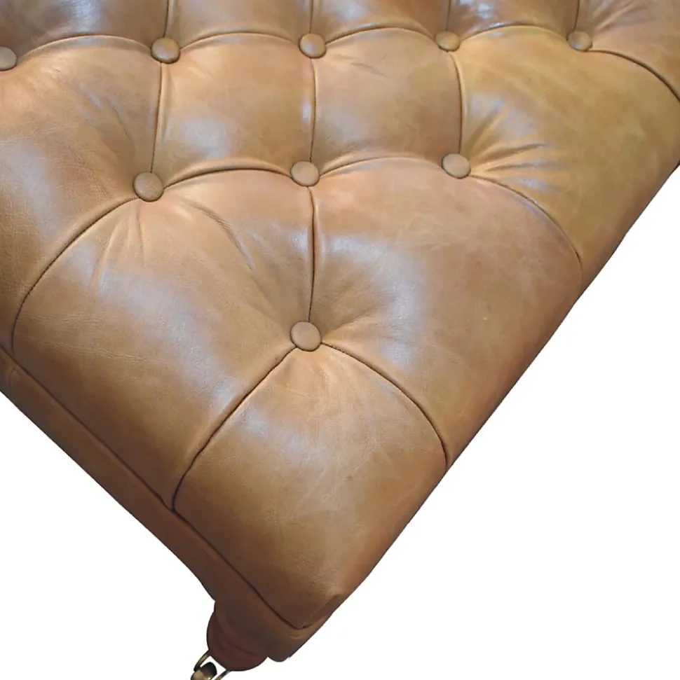 Artisan Furniture Bois massif Buffalo Tan cuir pouf avec avec roulettes, rembourré, marron
