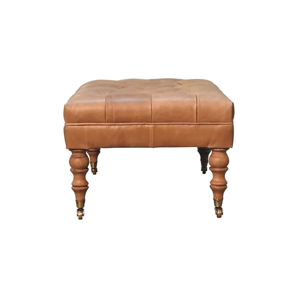 Artisan Furniture Bois massif Buffalo Tan cuir pouf avec avec roulettes, rembourré, marron