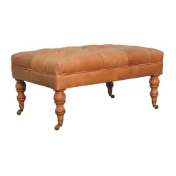 Artisan Furniture Bois massif Buffalo Tan cuir pouf avec avec roulettes, rembourré, marron