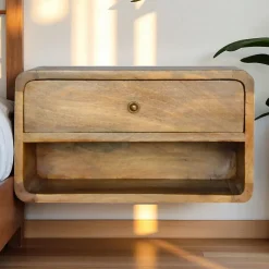 Artisan Furniture Bois massif Floating Curve niche ouverte table de chevet, 1 tiroir et ouvert étagère, beige