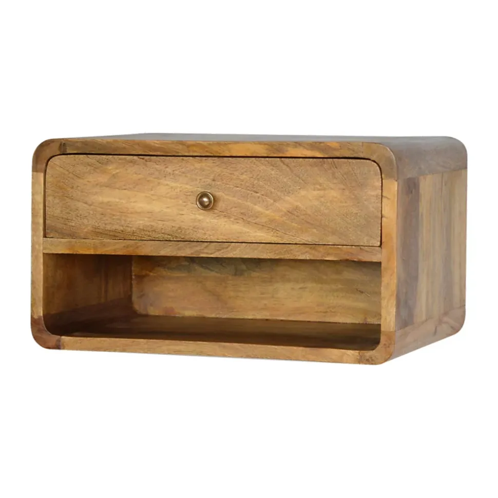 Artisan Furniture Bois massif Floating Curve niche ouverte table de chevet, 1 tiroir et ouvert étagère, beige