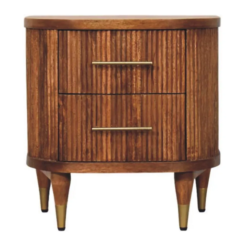 Artisan Furniture Bois massif rainuré table de chevet avec détails en laiton, 2 tiroirs, marron