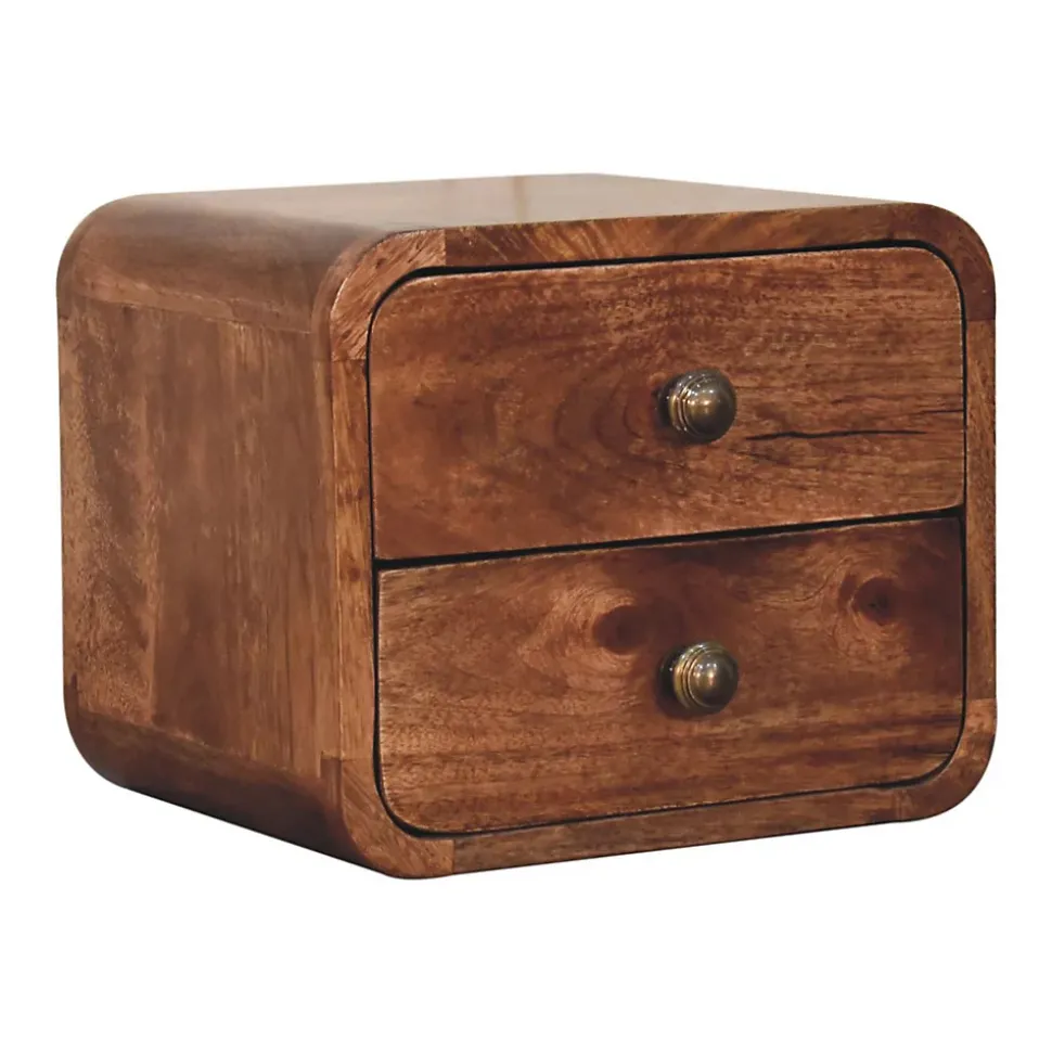 Artisan Furniture Bois massif Mini courbé miel caramel table de chevet à fixation murale, 2 tiroirs, marron