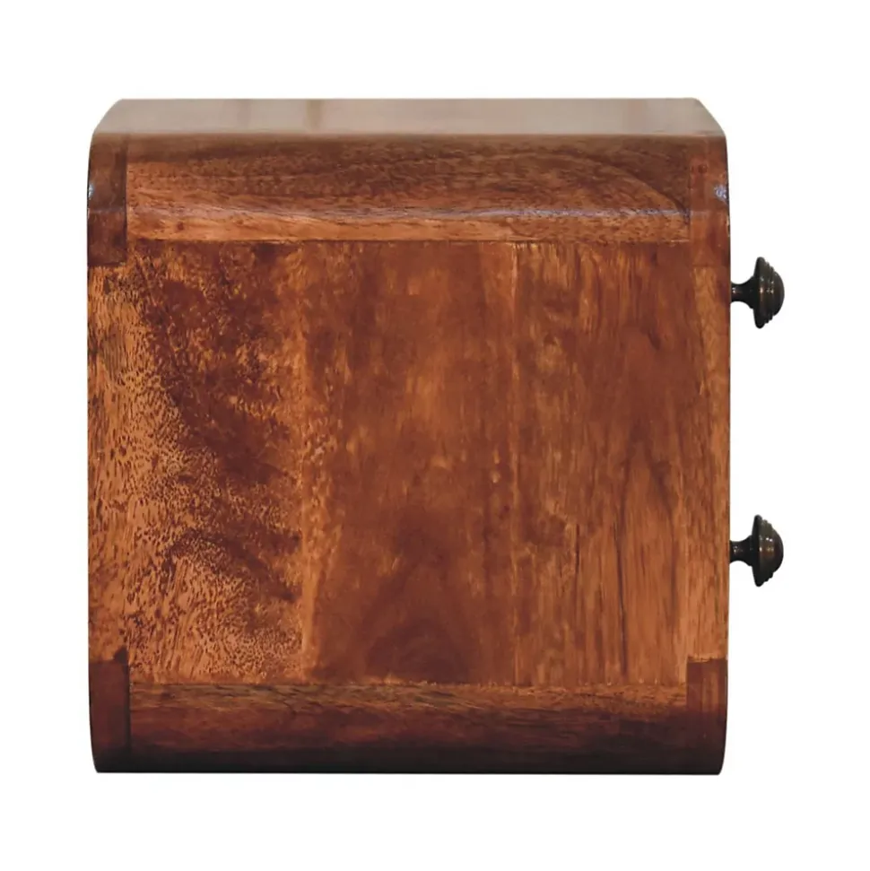 Artisan Furniture Bois massif Mini courbé miel caramel table de chevet à fixation murale, 2 tiroirs, marron