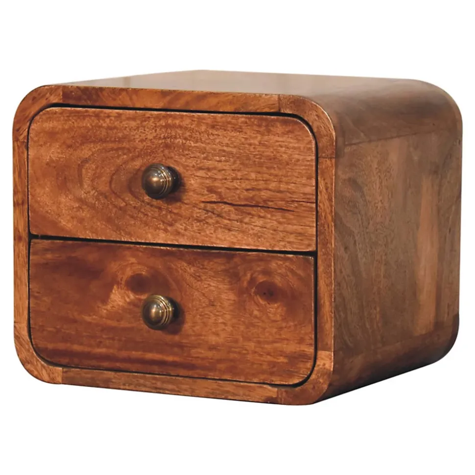 Artisan Furniture Bois massif Mini courbé miel caramel table de chevet à fixation murale, 2 tiroirs, marron