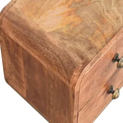 Artisan Furniture Bois massif Mini courbé miel caramel table de chevet à fixation murale, 2 tiroirs, marron