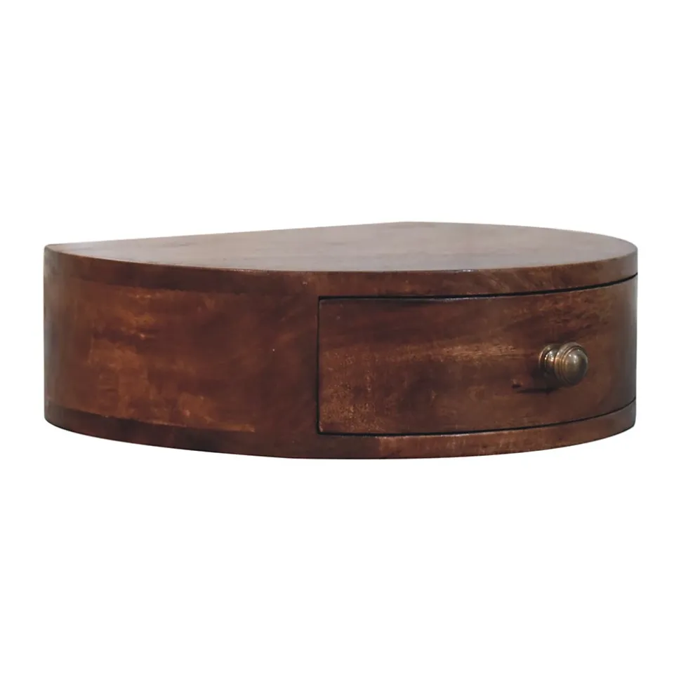 Artisan Furniture Bois massif miel caramel arrondi table de chevet à fixation murale, 1 tiroir, marron foncé