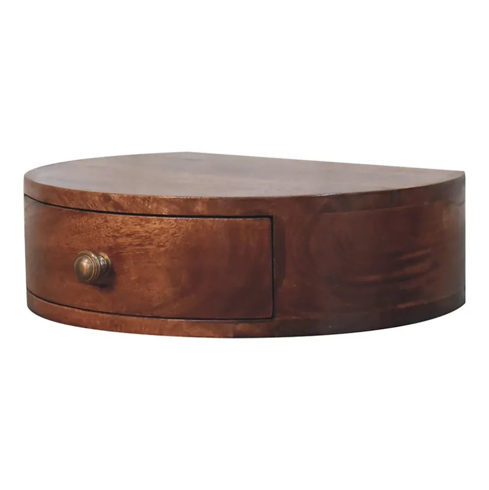 Artisan Furniture Bois massif miel caramel arrondi table de chevet à fixation murale, 1 tiroir, marron foncé