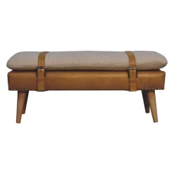 Artisan Furniture Bois massif bouclé peau de buffle Tan cuir banc, rembourré, marron & crème