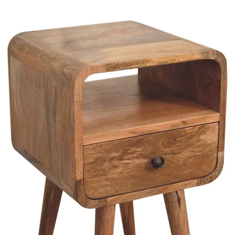 Artisan Furniture Bois massif Mini effet chêne Curve ouvert table de chevet, 1 tiroir et niche ouverte, beige
