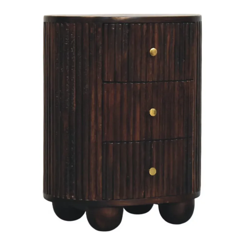 Artisan Furniture Bois massif courbé cannelé 3 tiroir table de chevet, marron foncé