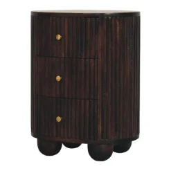 Artisan Furniture Bois massif courbé cannelé 3 tiroir table de chevet, marron foncé