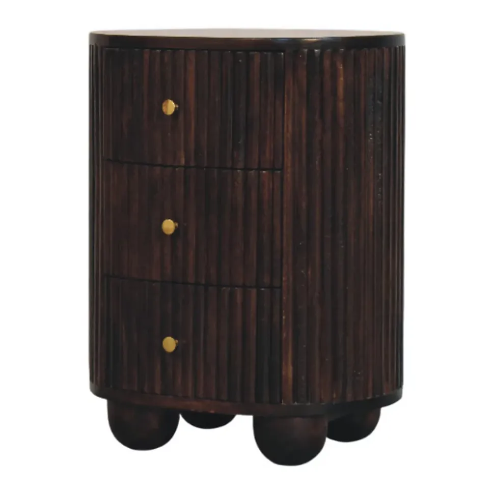Artisan Furniture Bois massif courbé cannelé 3 tiroir table de chevet, marron foncé