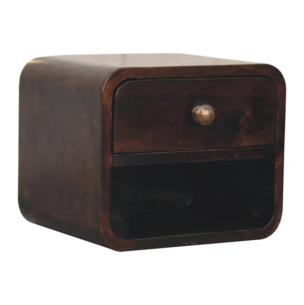 Artisan Furniture Bois massif Mini courbé noyer de Californie table de chevet à fixation murale avec niche ouverte, 1 tiroir