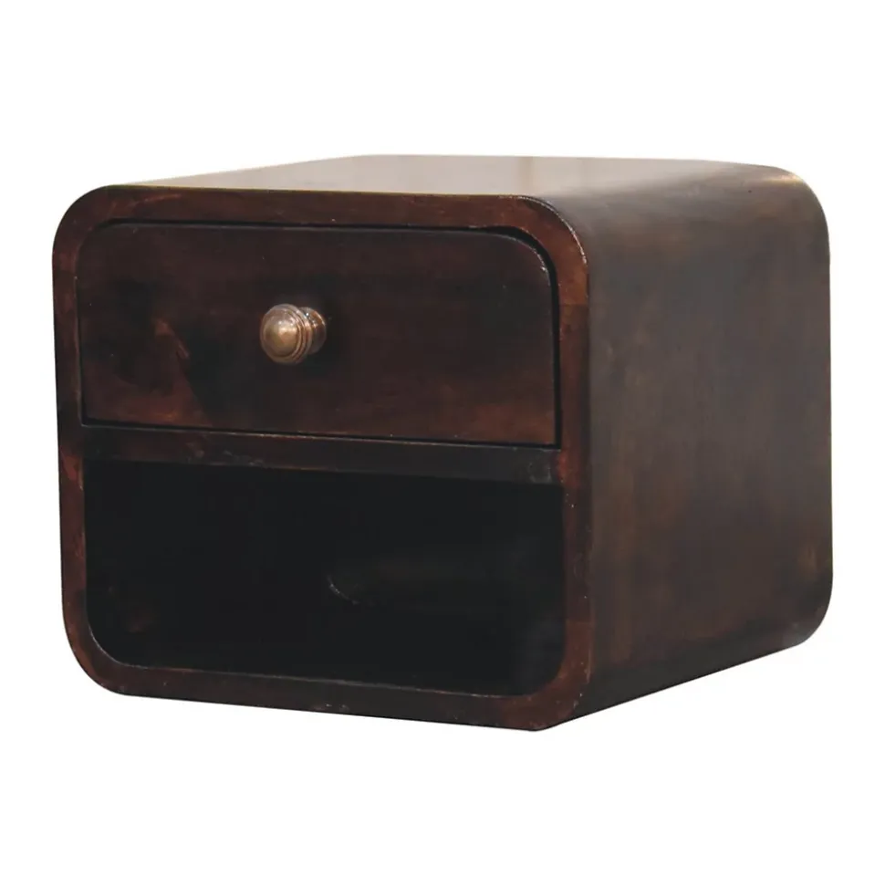 Artisan Furniture Bois massif Mini courbé noyer de Californie table de chevet à fixation murale avec niche ouverte, 1 tiroir