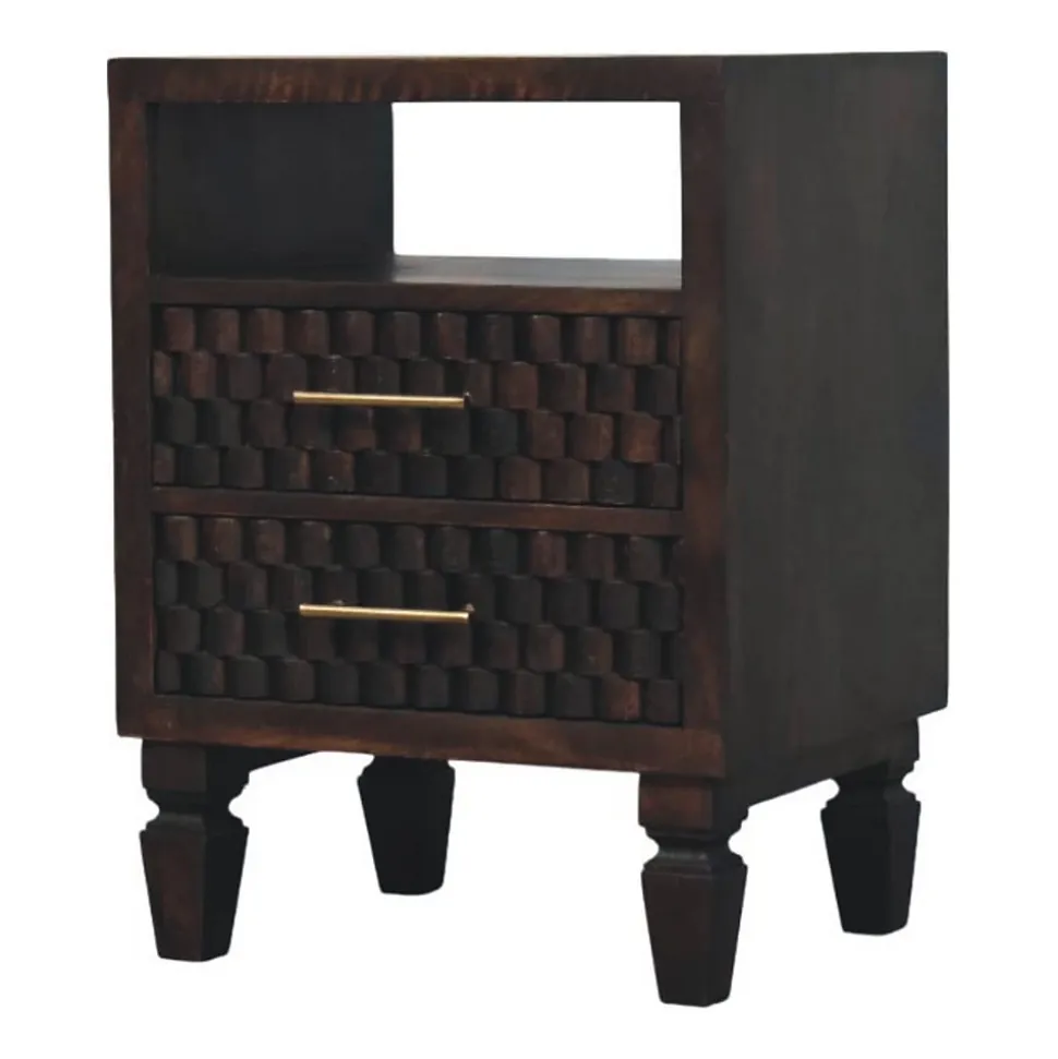 Artisan Furniture Bois massif Arno table de chevet, 2 tiroirs, 1 niche ouverte, marron foncé