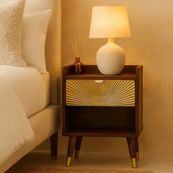 Artisan Furniture Bois massif Manila Gold One Drawer table de chevet, 1 étagère, Darl marron & doré