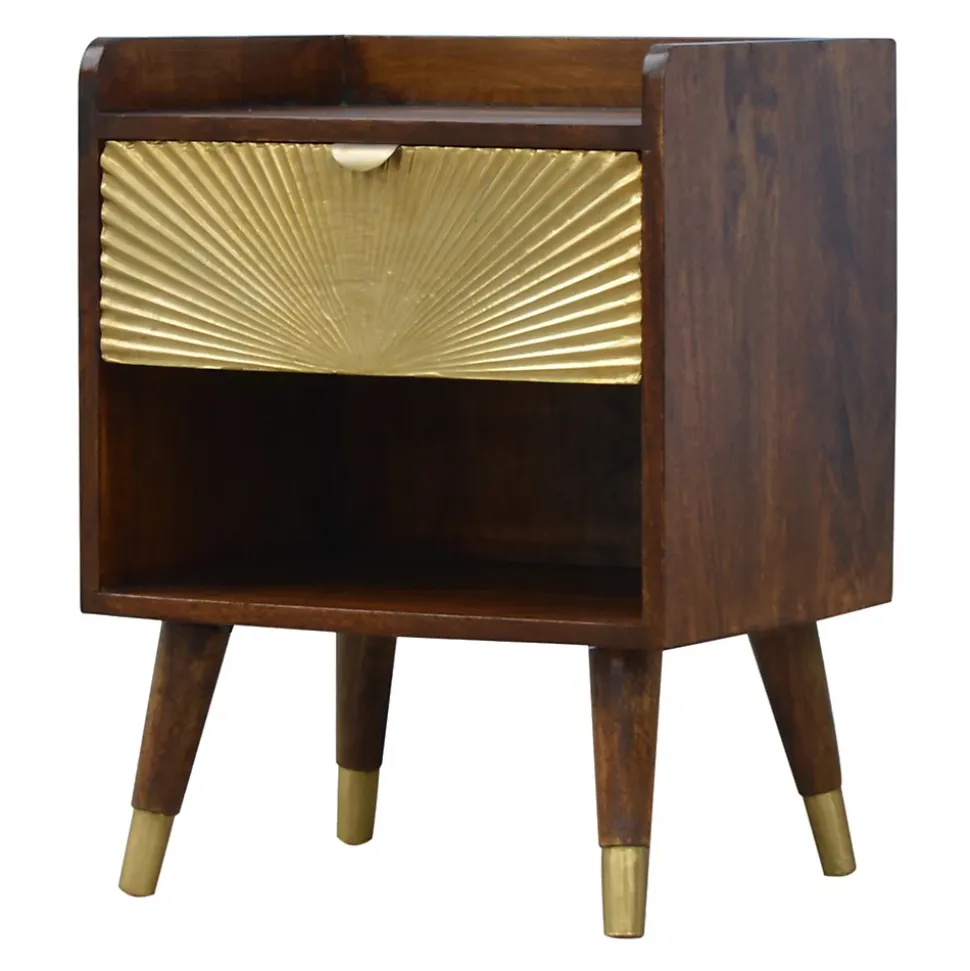 Artisan Furniture Bois massif Manila Gold One Drawer table de chevet, 1 étagère, Darl marron & doré