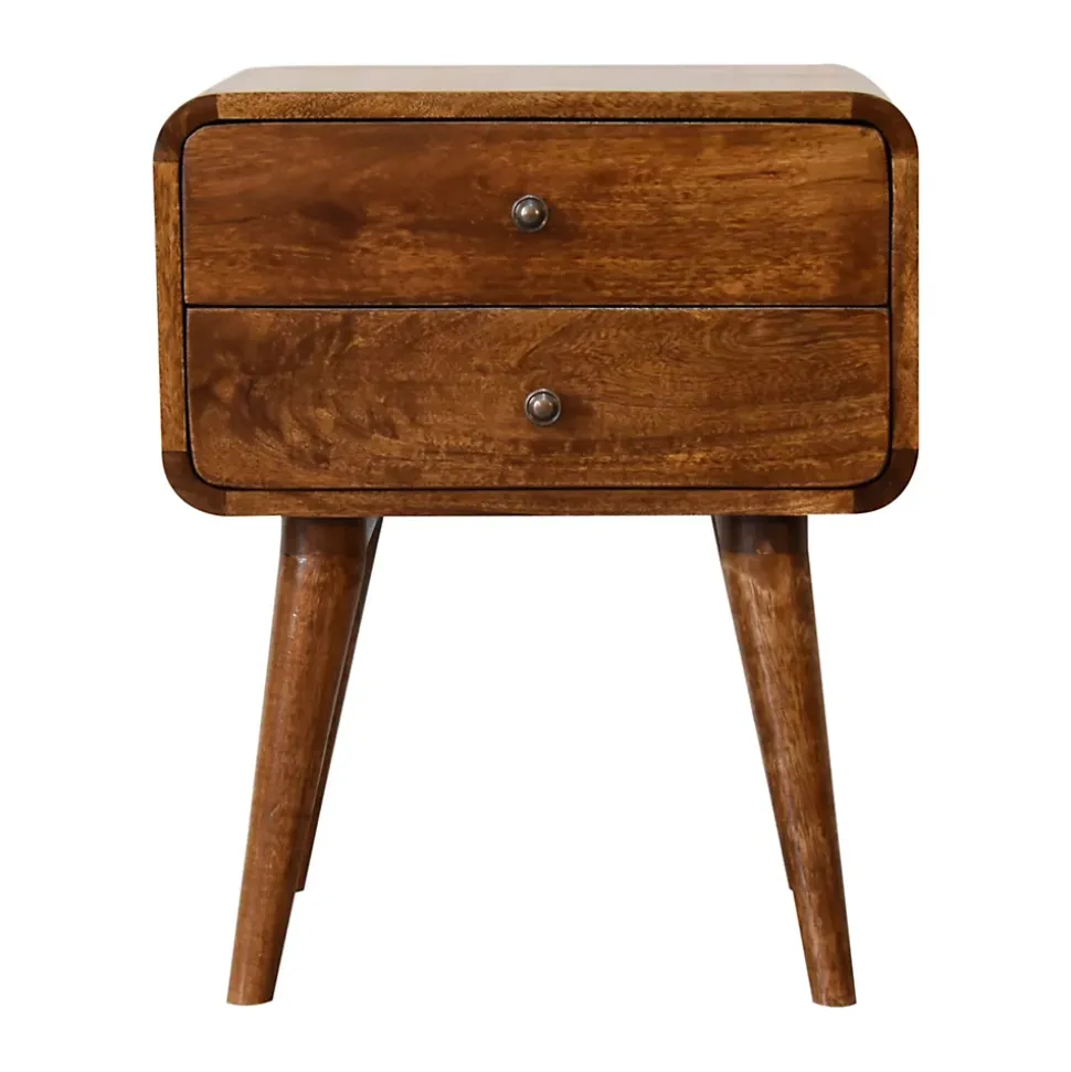 Artisan Furniture Bois massif courbé châtaignier table de chevet, 2 tiroirs, marron foncé