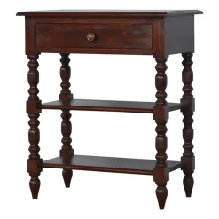 Artisan Furniture Bois massif tourné table d'appoint, 1 tiroir, 2 étagères, marron