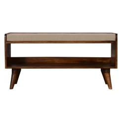 Artisan Furniture Bois massif lin couleur boue Nordic Storage banc, rembourré, 1 étagère, marron