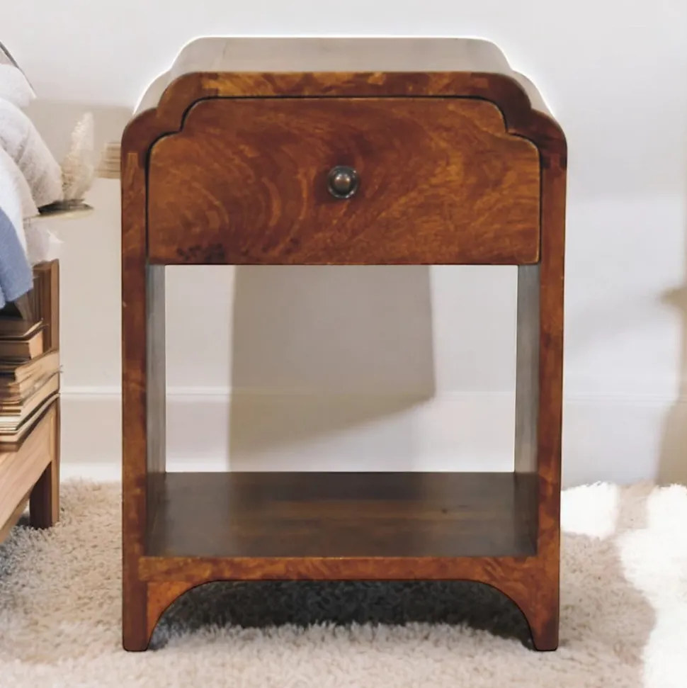 Artisan Furniture Bois massif Newton Mini châtaignier table de chevet avec a drawer et ouvert étagère, marron foncé