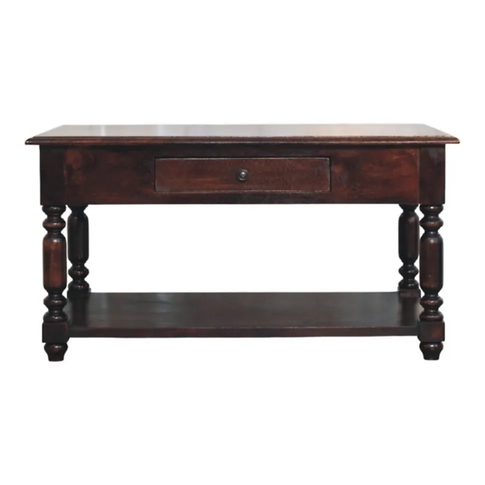 Artisan Furniture Bois massif pieds tournés Cherry console, 2 tiroirs, marron foncé