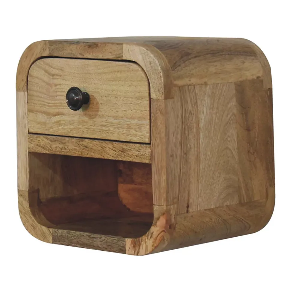 Artisan Furniture Bois massif Extra Mini courbé effet chêne table de chevet avec niche ouverte, 1 tiroir, 1 étagère, marron