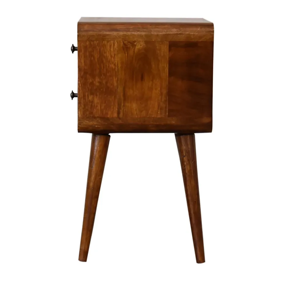 Artisan Furniture Bois massif Mini châtaignier courbé table de chevet, 2 tiroirs, marron foncé