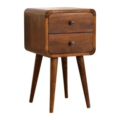 Artisan Furniture Bois massif Mini châtaignier courbé table de chevet, 2 tiroirs, marron foncé