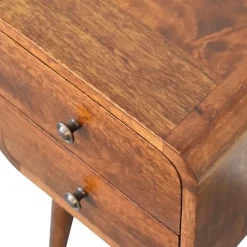 Artisan Furniture Bois massif Mini châtaignier courbé table de chevet, 2 tiroirs, marron foncé