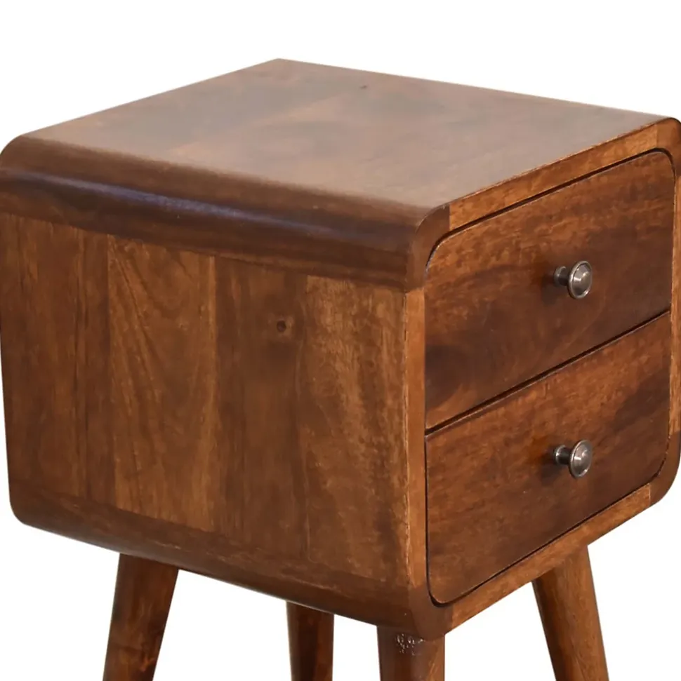 Artisan Furniture Bois massif Mini châtaignier courbé table de chevet, 2 tiroirs, marron foncé