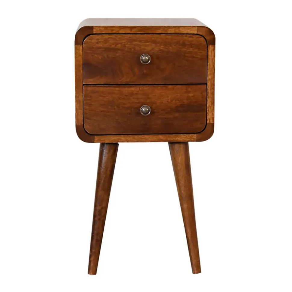 Artisan Furniture Bois massif Mini châtaignier courbé table de chevet, 2 tiroirs, marron foncé