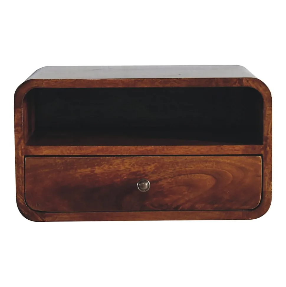 Artisan Furniture Bois massif Large châtaignier Curve table de chevet suspendue, 1 tiroir et niche ouverte, marron foncé