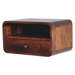 Artisan Furniture Bois massif Large châtaignier Curve table de chevet suspendue, 1 tiroir et niche ouverte, marron foncé