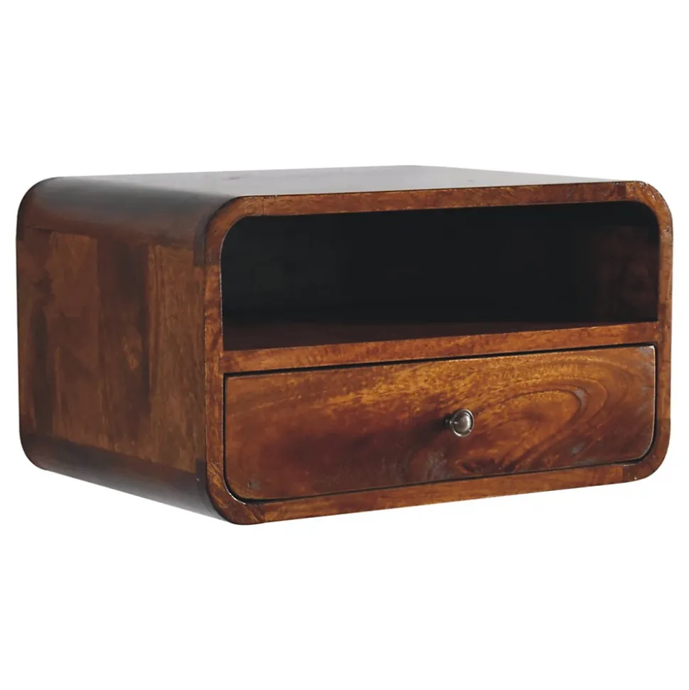 Artisan Furniture Bois massif Large châtaignier Curve table de chevet suspendue, 1 tiroir et niche ouverte, marron foncé