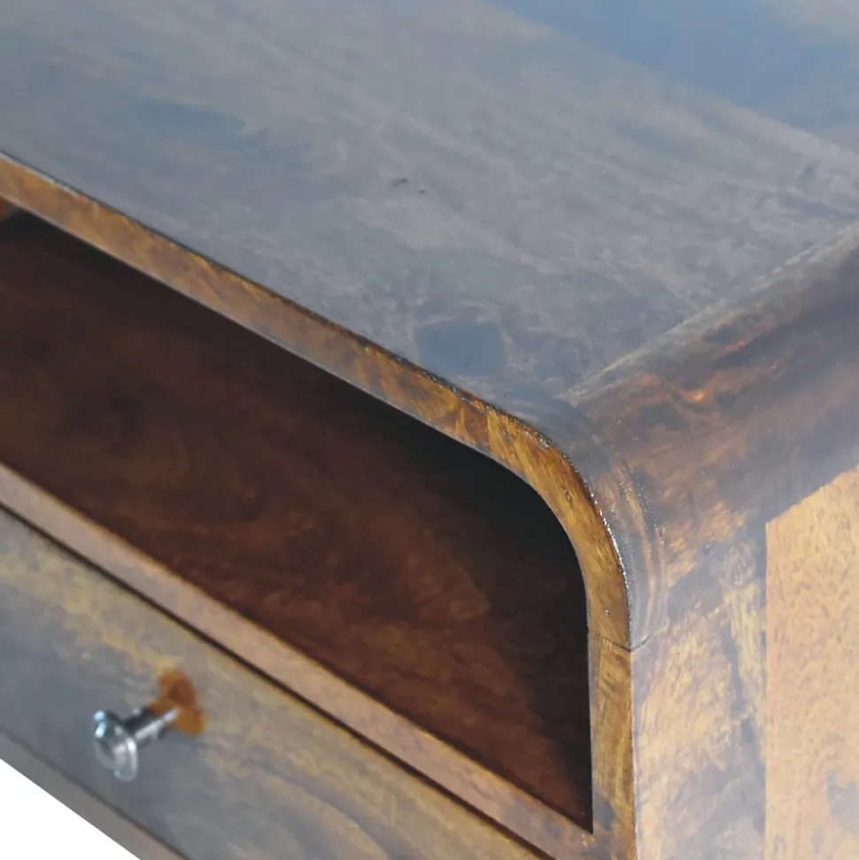 Artisan Furniture Bois massif Large châtaignier Curve table de chevet suspendue, 1 tiroir et niche ouverte, marron foncé