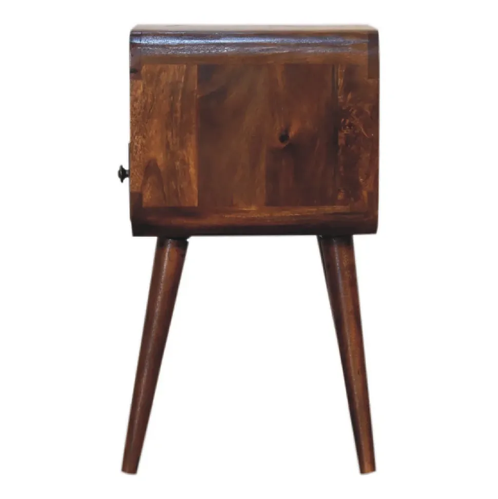 Artisan Furniture Table de chevet en bois massif de châtaignier incurvée, 1 tiroir et compartiment ouvert, brun foncé