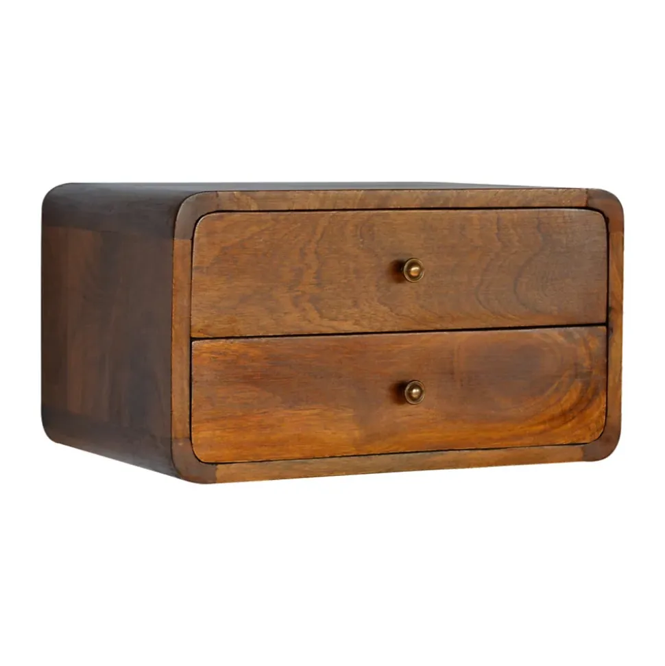 Artisan Furniture Table de chevet flottante en bois massif courbé, 2 tiroirs, marron foncé