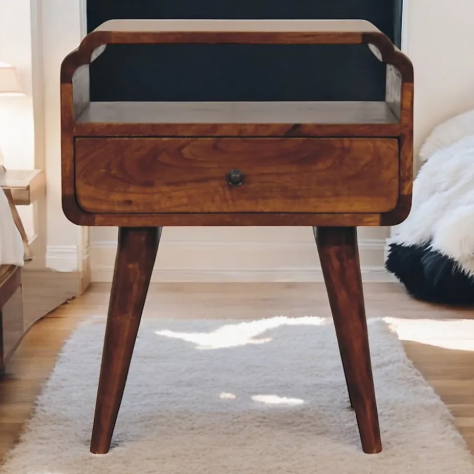 Artisan Furniture Table de chevet Newton en bois massif de châtaignier, 1 tiroir et étagère ouverte, brun foncé