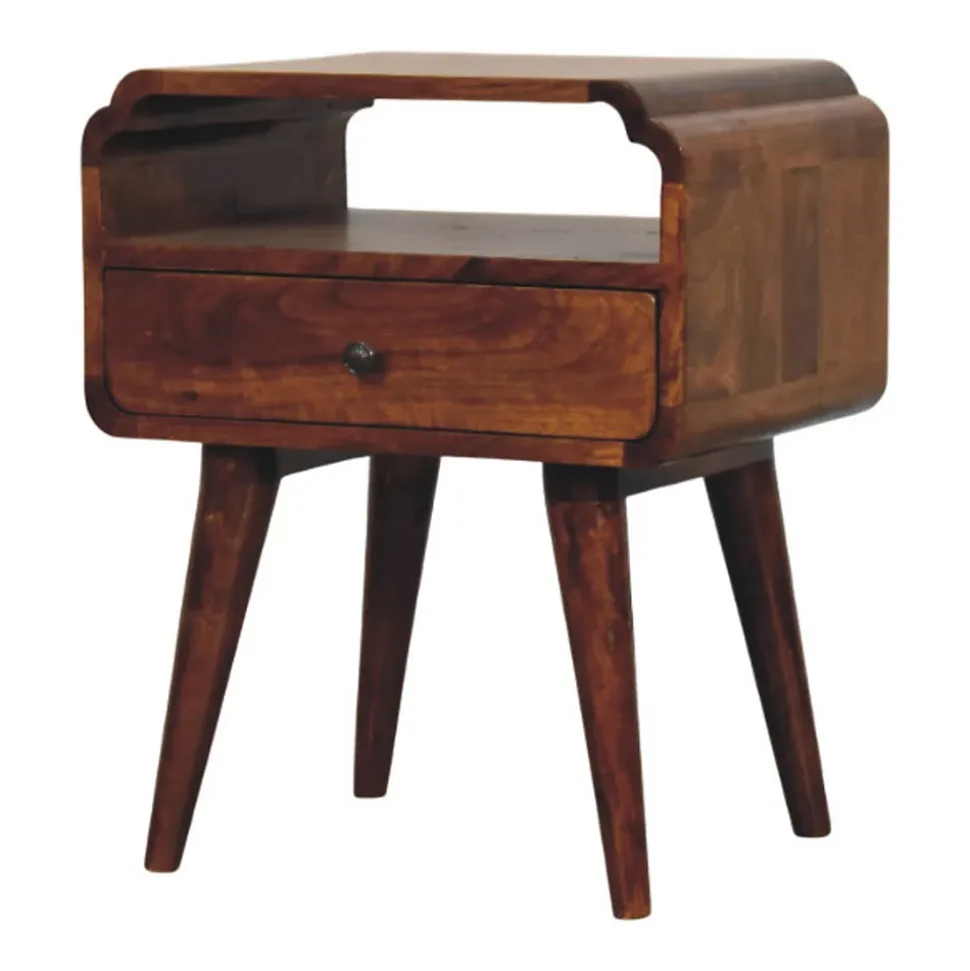 Artisan Furniture Table de chevet Newton en bois massif de châtaignier, 1 tiroir et étagère ouverte, brun foncé