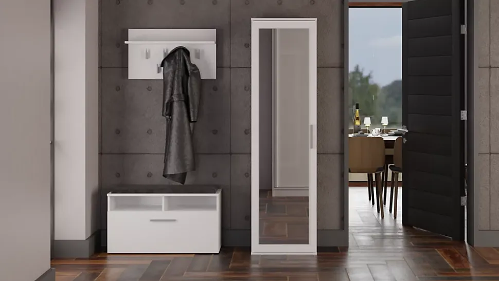 ATARA - Armoire entrée avec grand miroir - 180x50x35 cm - Deux étagères + porte-cintres