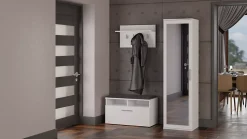 ATARA - Armoire entrée avec grand miroir - 180x50x35 cm - Deux étagères + porte-cintres