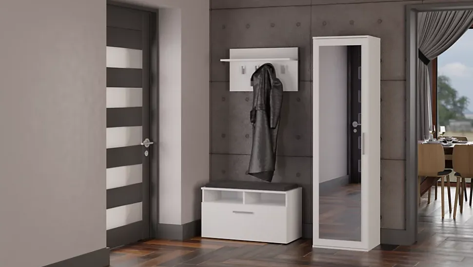 ATARA - Armoire entrée avec grand miroir - 180x50x35 cm - Deux étagères + porte-cintres