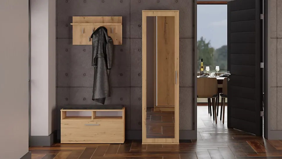 ATARA - Armoire entrée avec grand miroir - 180x50x35 cm - Deux étagères + porte-cintres à intérieur
