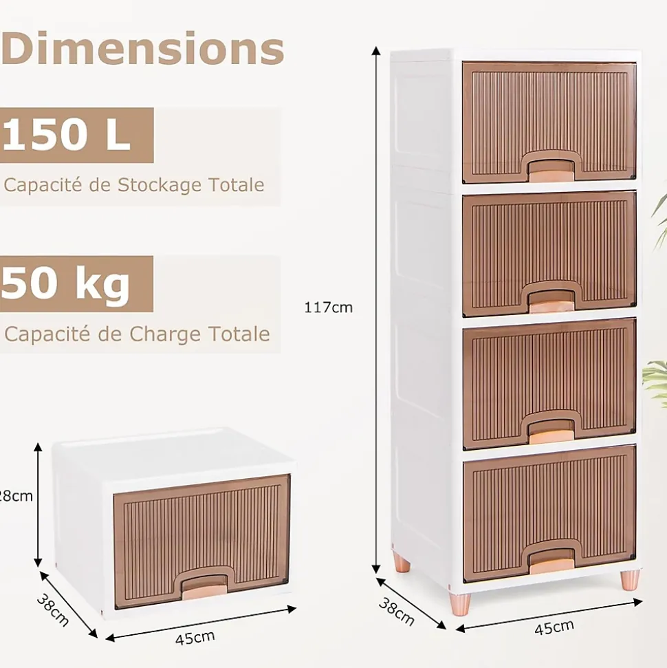 Bacs de Rangement de 150 L avec Couvercles, 4 Niveaux avec Portes Magnétiques, en Plastique, pour Chambre, Salon, Cuisine, Blanc