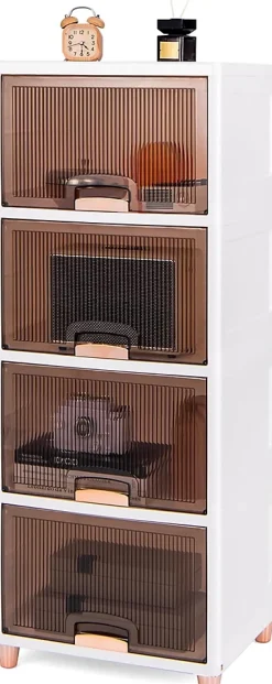 Bacs de Rangement de 150 L avec Couvercles, 4 Niveaux avec Portes Magnétiques, en Plastique, pour Chambre, Salon, Cuisine, Blanc