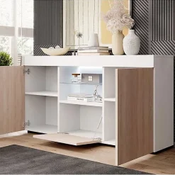 Bahut bas contemporain - Mélamine mate, LED - Blanc/Sonoma - 3 portes - L135xH73xP34 cm